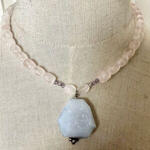 Rose Quartz blue lace agate sterling  silver pendant necklace